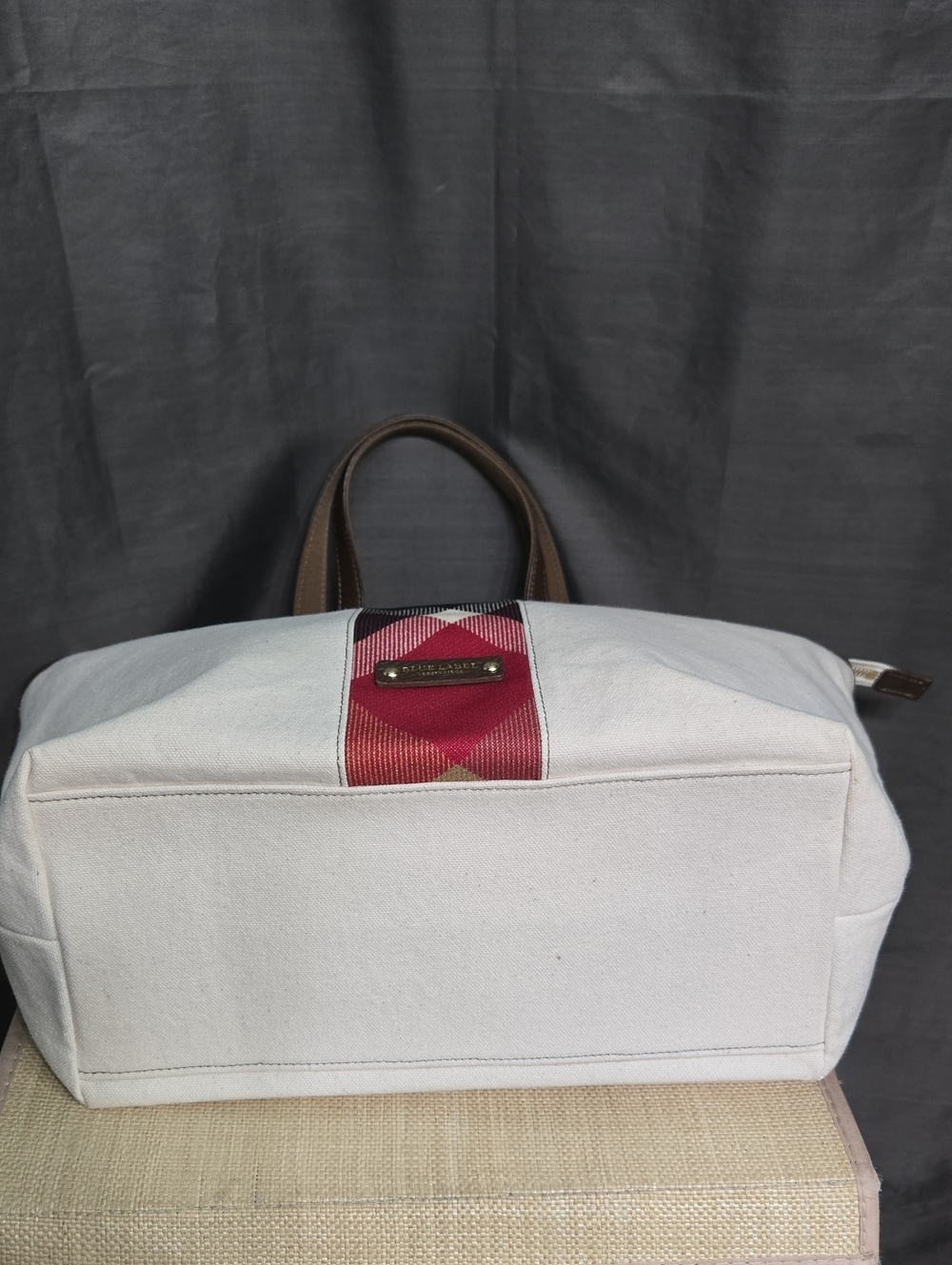 BURBERRY Blue Label Cream Canvas Tote with Brown Leather Trim and Plaid Stripe - Picture 6 of 17
